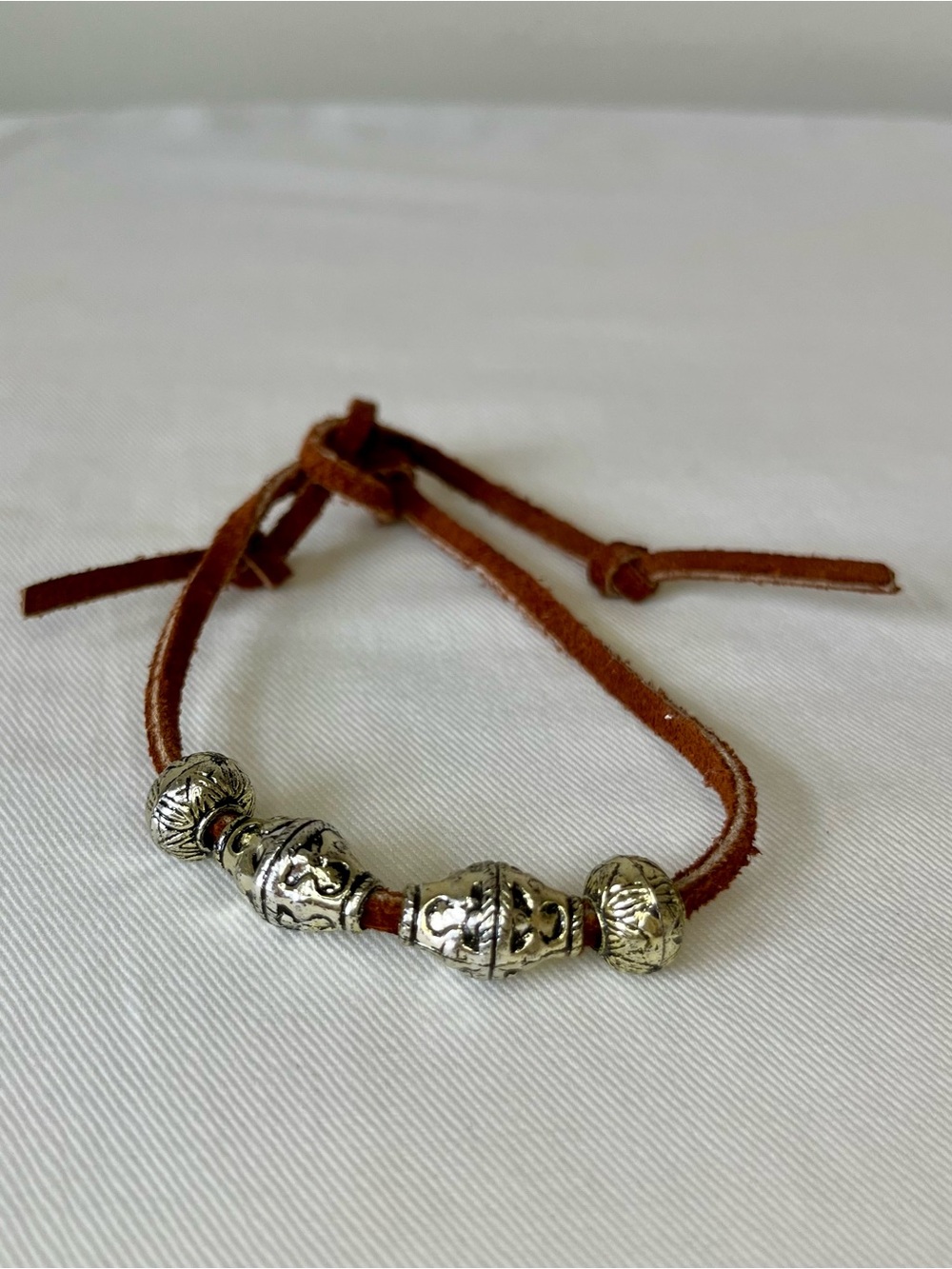 Brown Leather Bracelet / Anklet w Silver Beads
